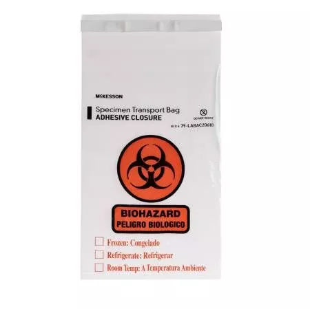 Specimen Transport Bag with Document Pouch McKesson 6 X 10 Inch LDPE Adhesive Closure Biohazard Symbol / Storage Instructions NonSterile - M-524350-4929 - Pack of 1