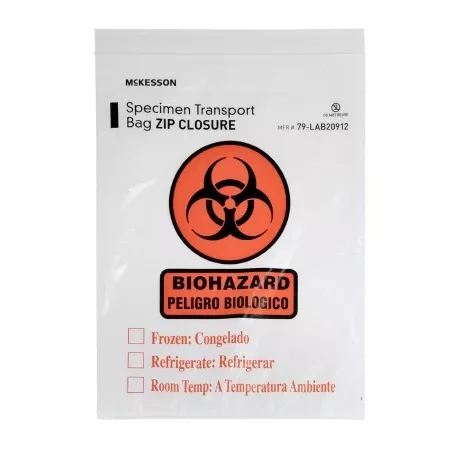 Specimen Transport Bag with Document Pouch McKesson 9 X 12 Inch LDPE Zip Closure Biohazard Symbol / Storage Instructions NonSterile - M-529909-3316 - Pack of 1