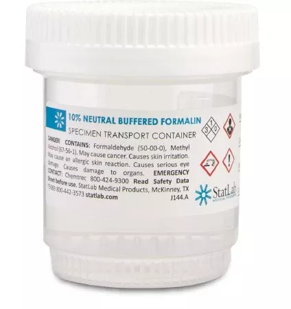 StatLab Medical Products Prefilled Formalin Container StatClick™ Polypropylene 30 mL Fill in 60 mL (2 oz.) Screw Cap Warning Label NonSterile - M-1002258-2910 - Case of 96