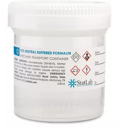 StatLab Medical Products Prefilled Formalin Container StatClick™ Polypropylene 45 mL Fill in 90 mL (3 oz.) Screw Cap Warning Label NonSterile - M-1002259-4986 - Case of 96