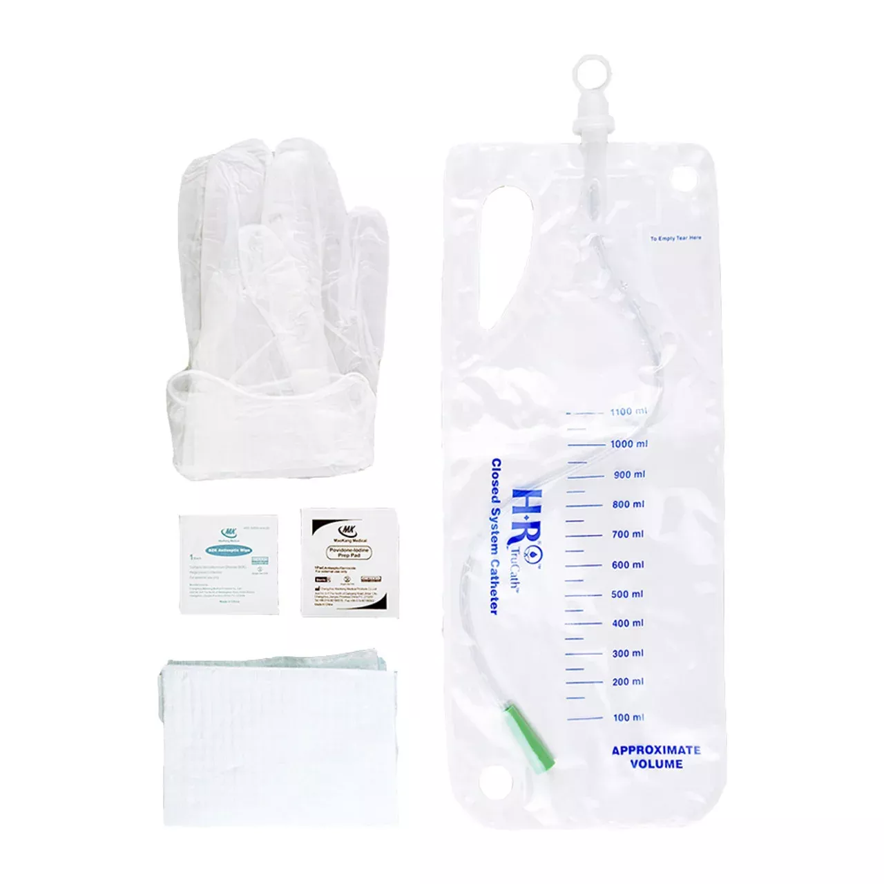 TruCath Closed System Catheter Kit, 10FR. Contains vinyl powder free gloves, underpad, PVP and BZK wipes, 1200ml drainage bag.